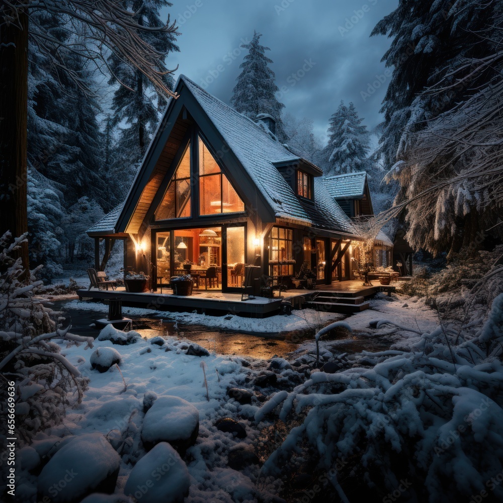 Cozy cabin surrounded by winter forest