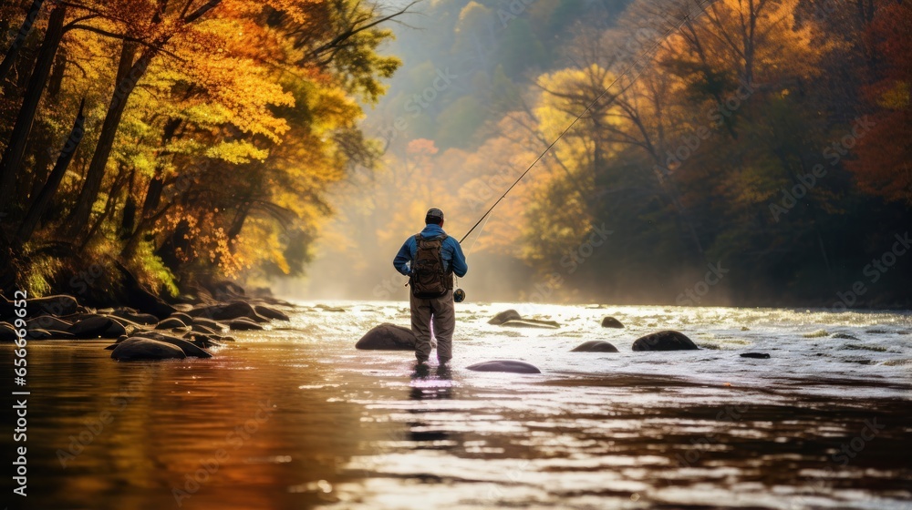 Older man catching a fish while fly fishing in a river