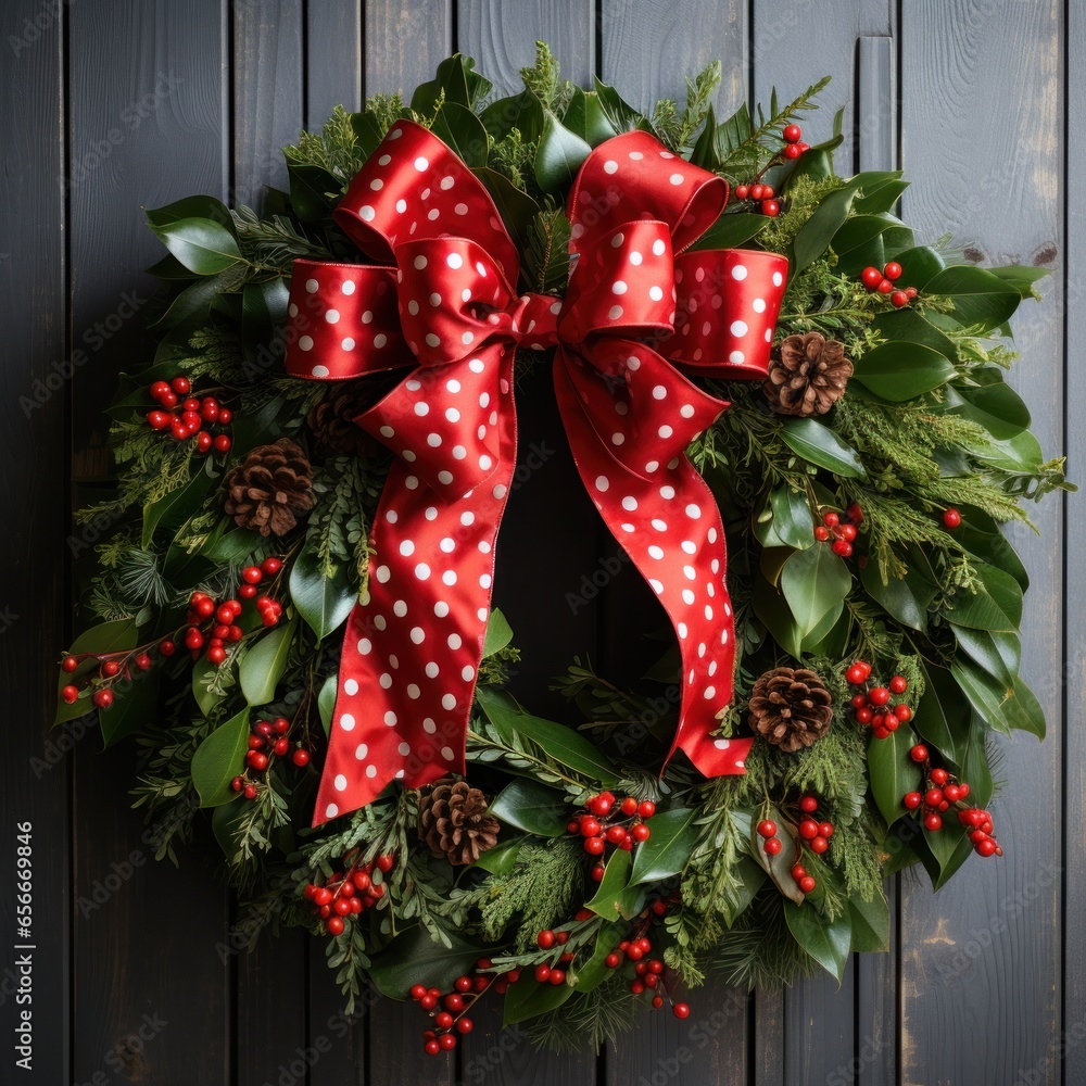 Festive wreath: Green leaves, red berries, and a bright red bow