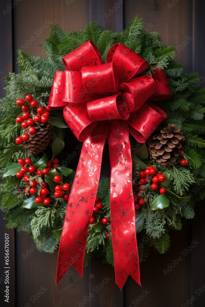 Festive wreath: Green leaves, red berries, and a bright red bow