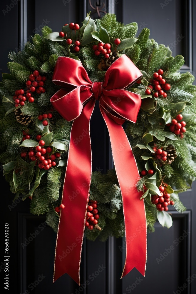 Festive wreath: Green leaves, red berries, and a bright red bow