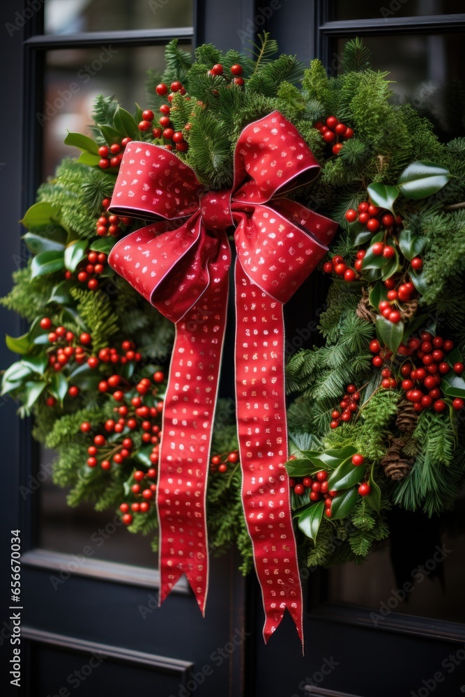 Festive wreath: Green leaves, red berries, and a bright red bow