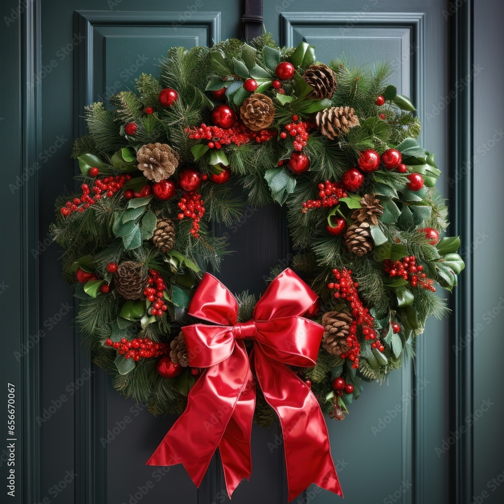 Festive wreath: Green leaves, red berries, and a bright red bow