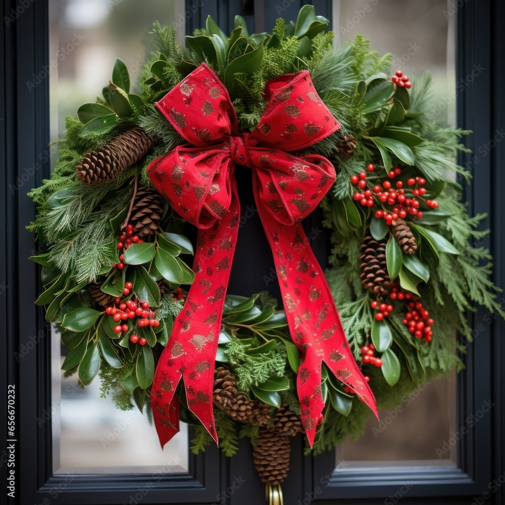 Festive wreath: Green leaves, red berries, and a bright red bow