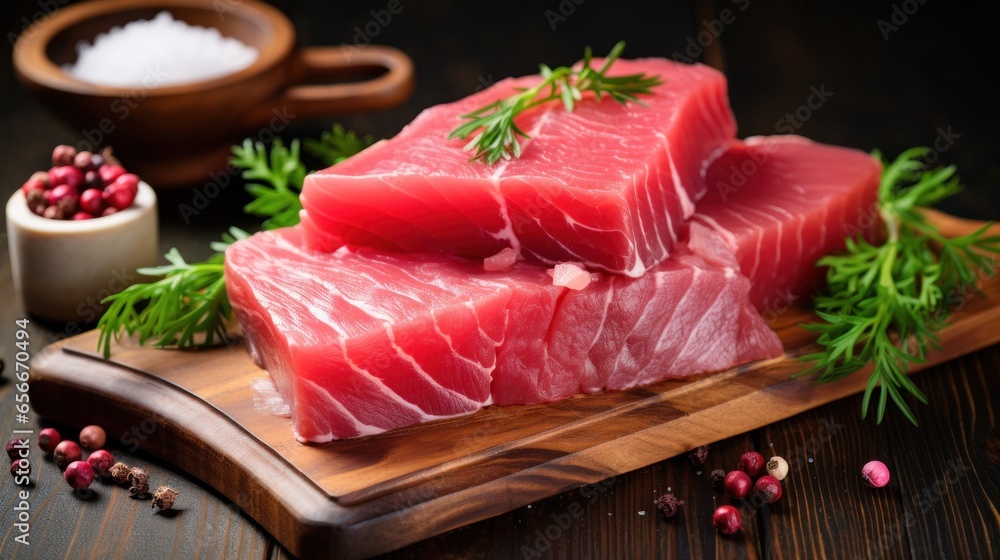 Tuna. Reddish-pink meat, ideal for sushi and grilling