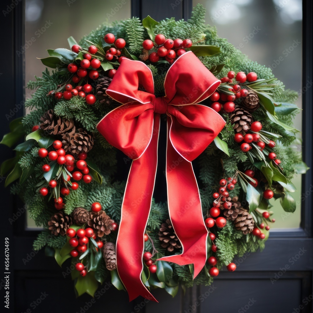 Festive wreath: Green leaves, red berries, and a bright red bow