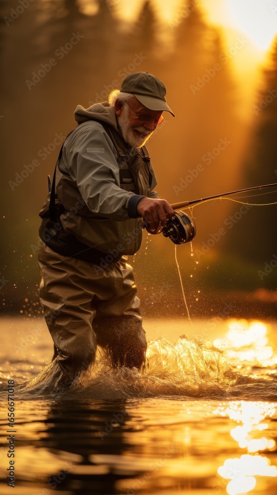 Older man catching a fish while fly fishing in a river