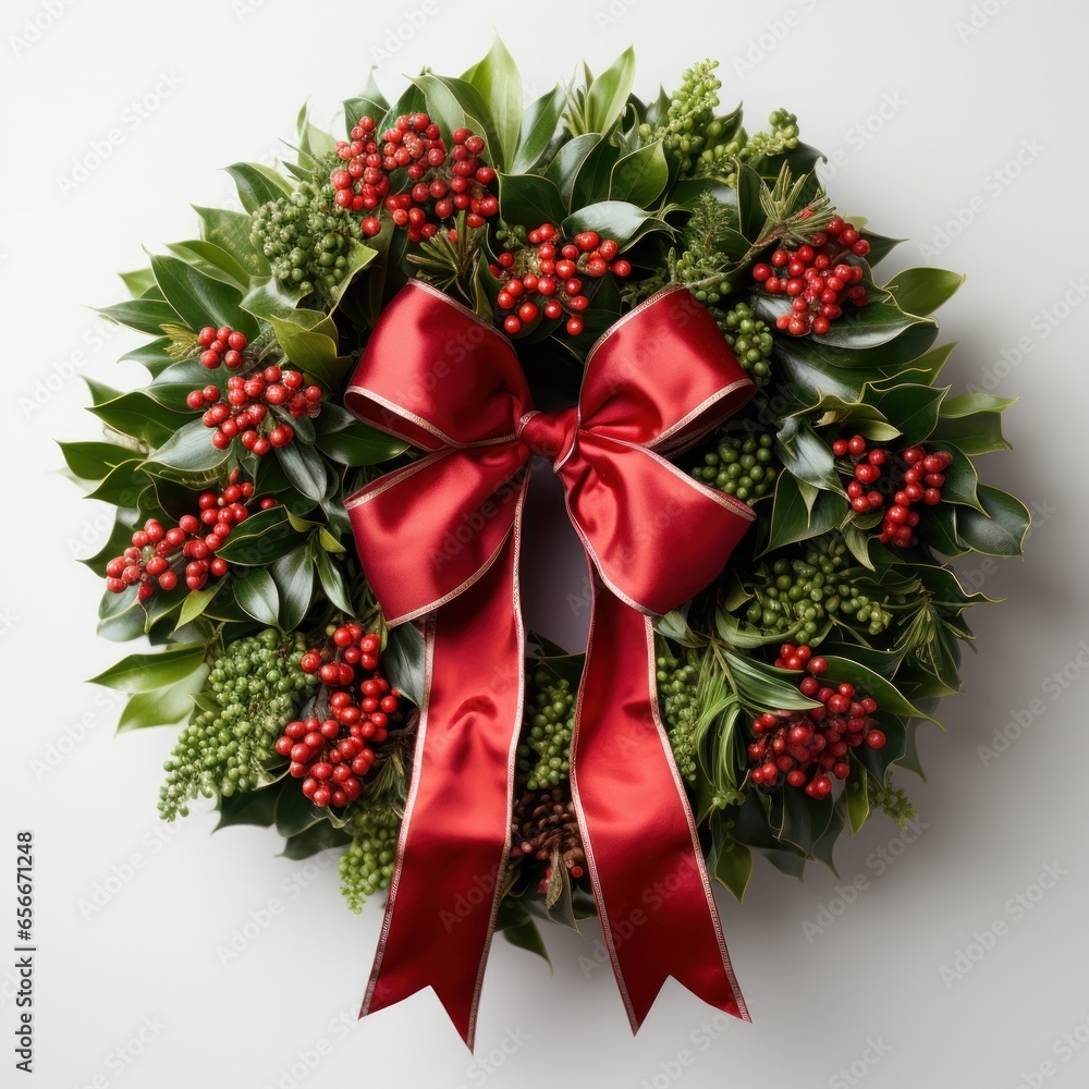 Festive wreath: Green leaves, red berries, and a bright red bow