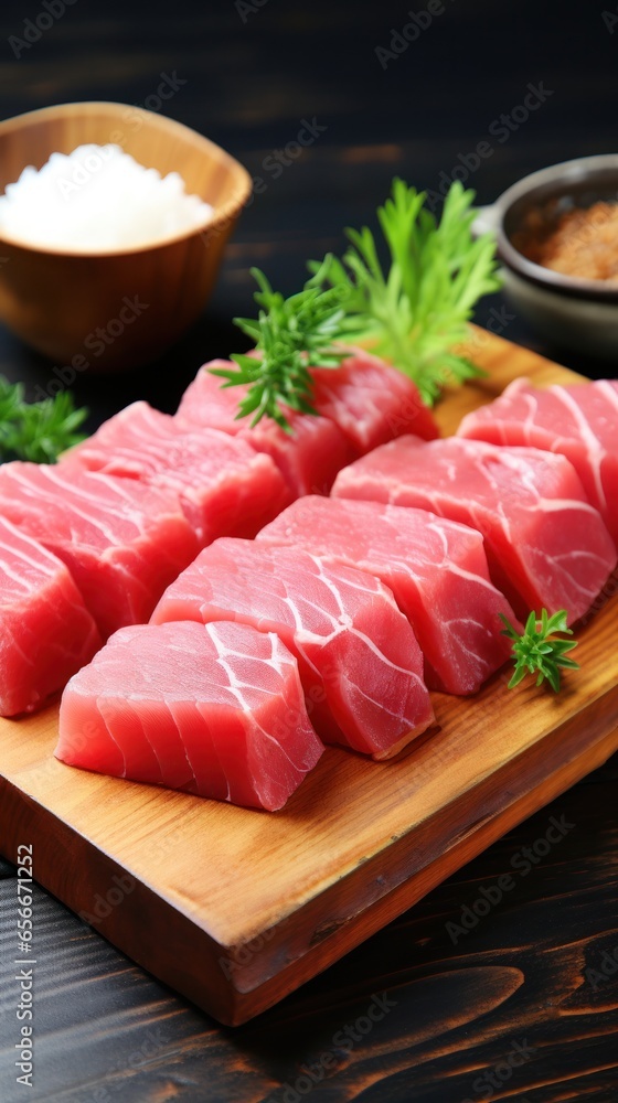 Tuna. Reddish-pink meat, ideal for sushi and grilling