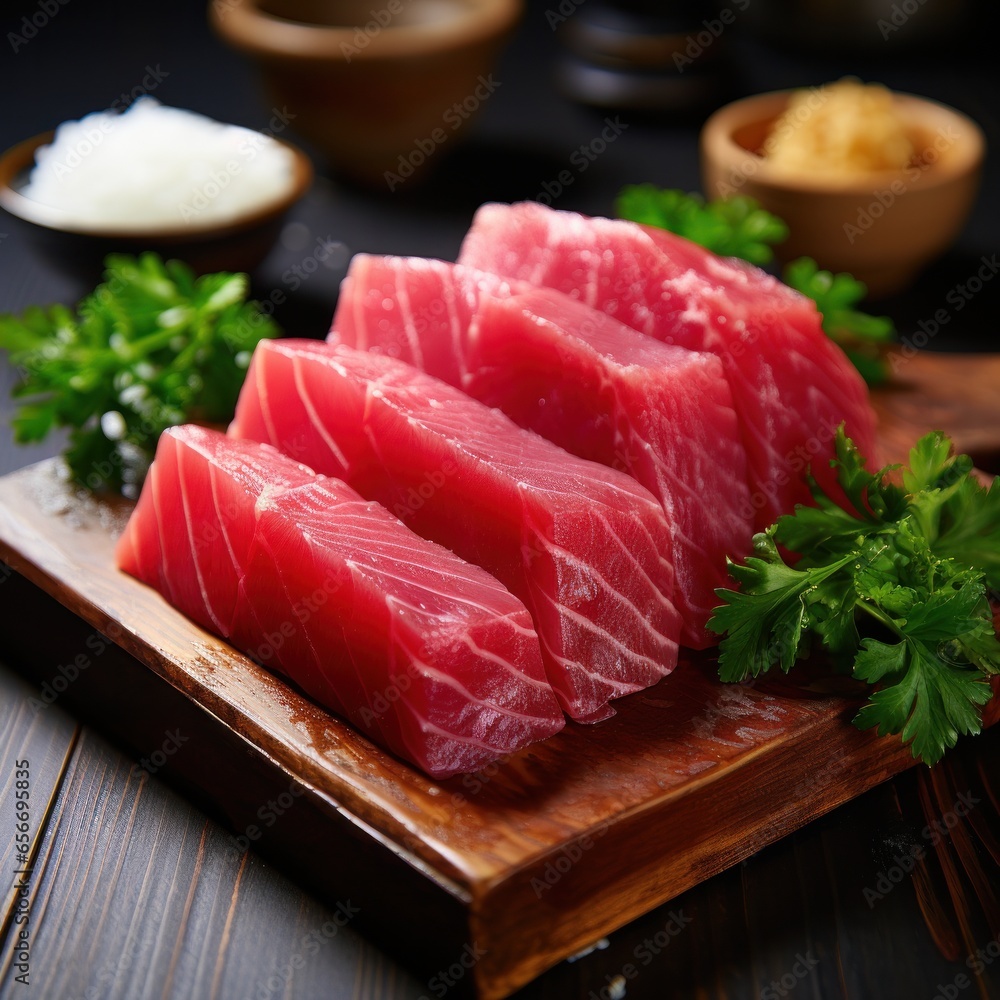 Tuna. Reddish-pink meat, ideal for sushi and grilling