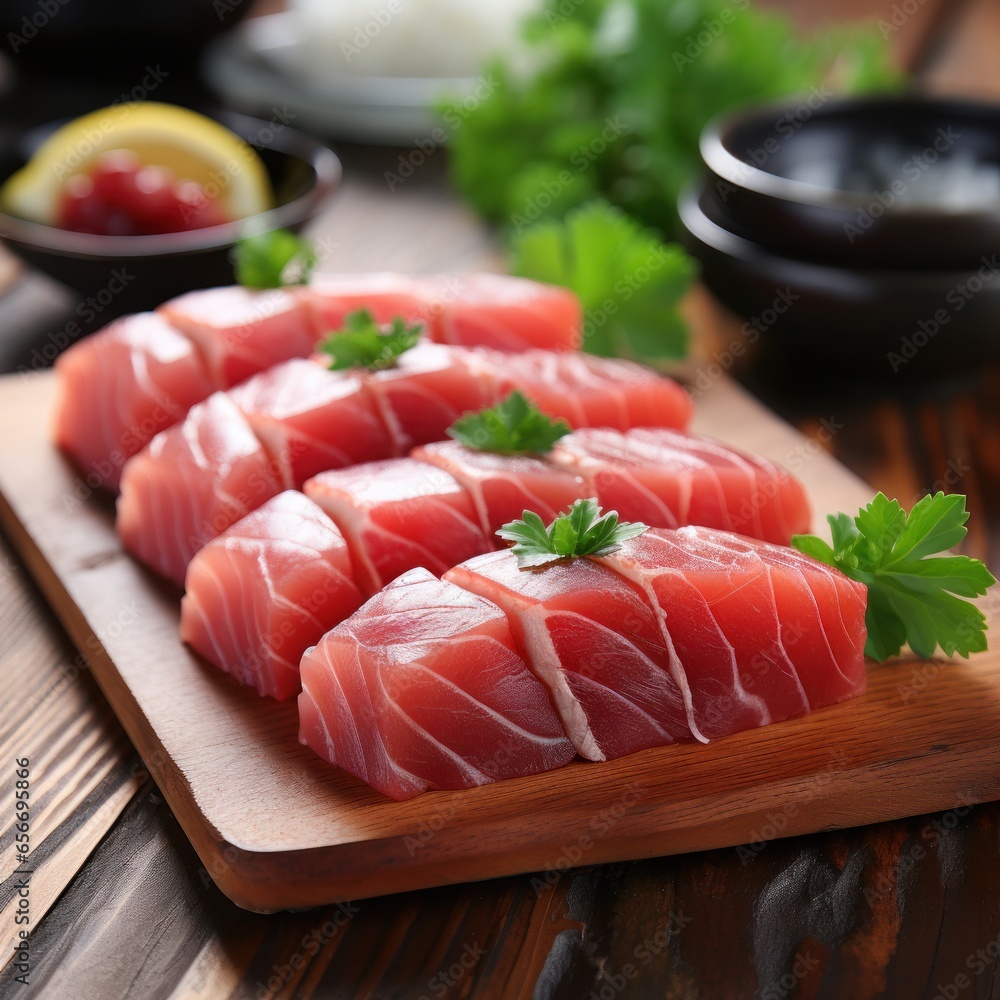 Tuna. Reddish-pink meat, ideal for sushi and grilling