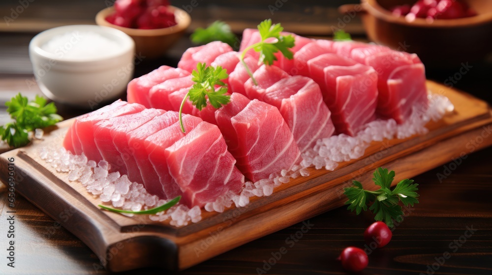 Tuna. Reddish-pink meat, ideal for sushi and grilling