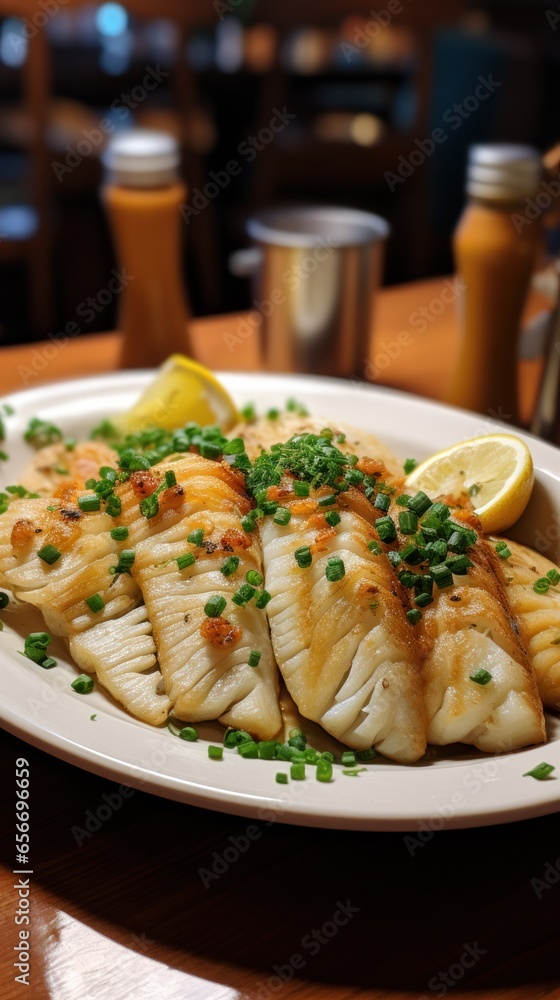 Flounder. Flat, white fish with a mild, sweet flavor