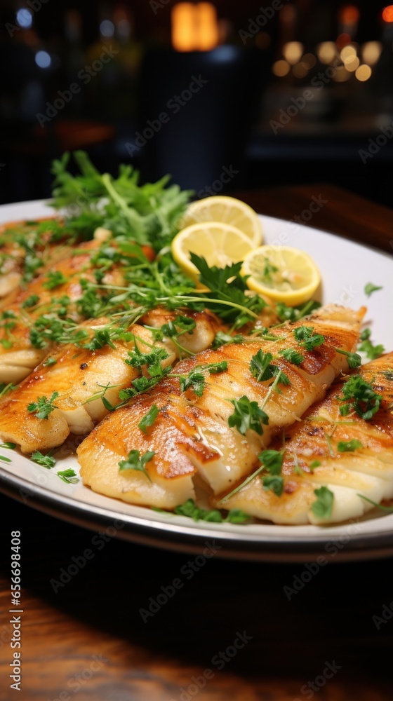 Flounder. Flat, white fish with a mild, sweet flavor