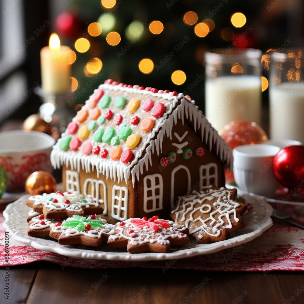 Gingerbread house: Sweet treats, candy canes, and snow icing