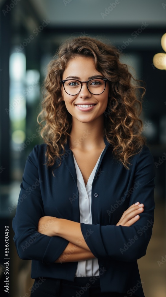 Confident female entrepreneur standing with arms crossed and smiling at camera