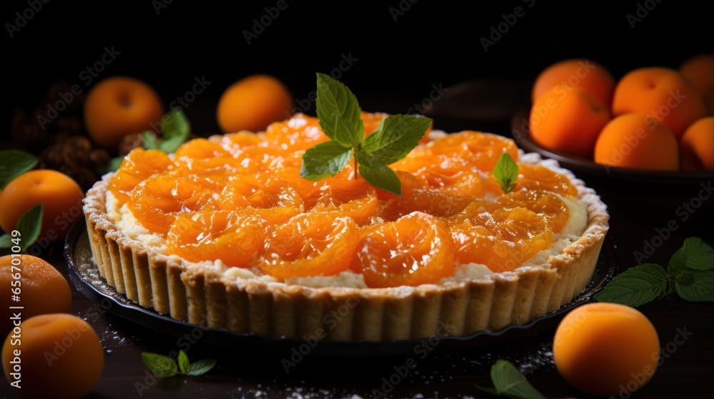 Yummy kumquat pie with sliced one piece on dark surface