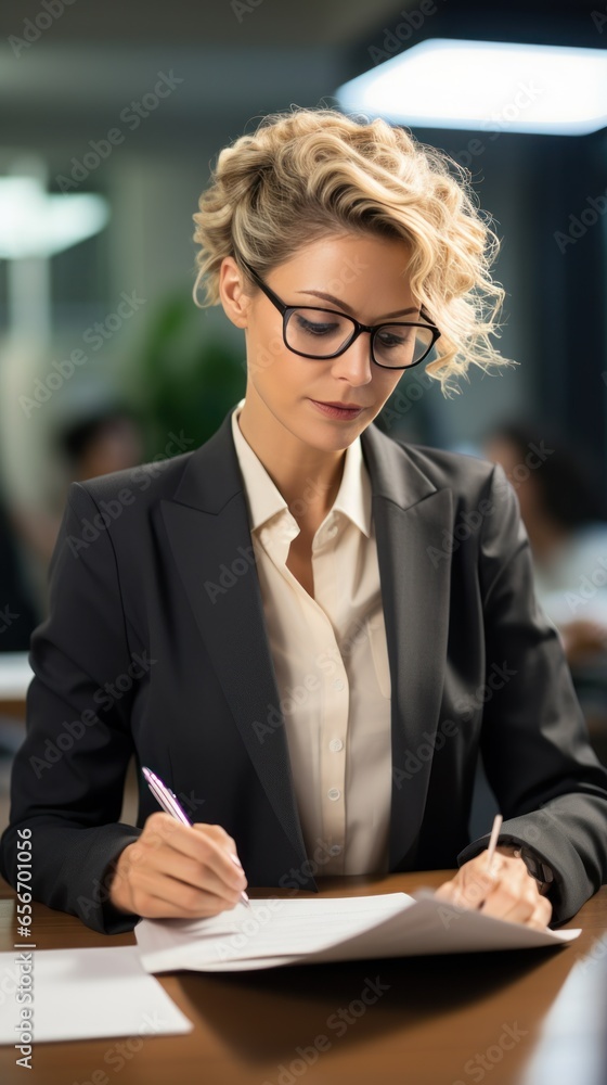 Female CEO sitting at desk, holding pen and looking at paperwork