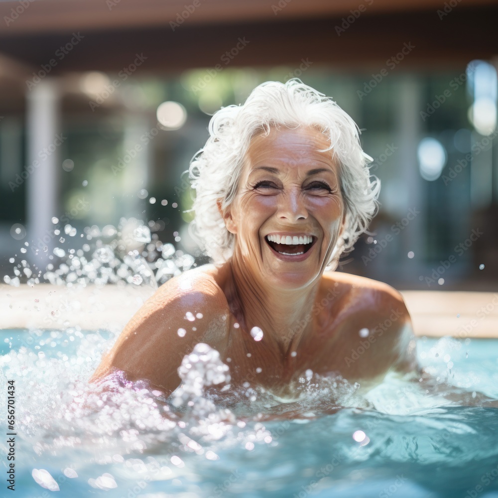 Aged woman swimming laps in a pool with grace