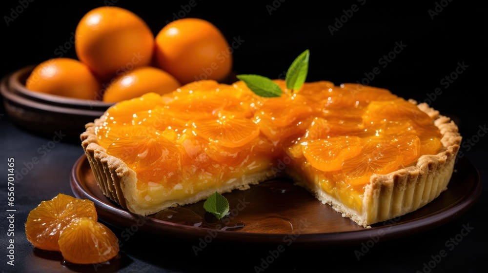 Yummy kumquat pie with sliced one piece on dark surface