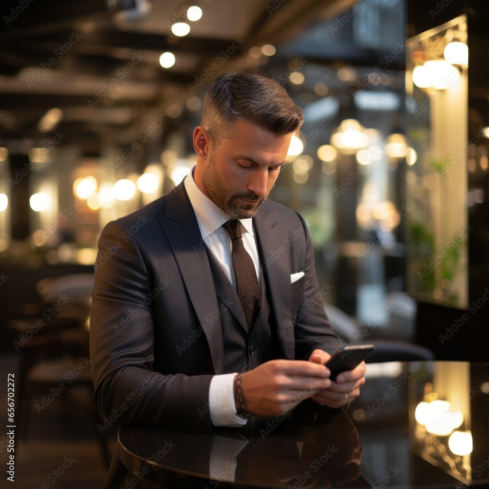 Male executive in suit and tie checking email on smartphone