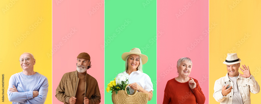 Group of elderly people on color background