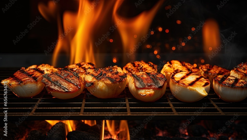 closeup bbq scallops fillet on grill with fire flame, Generative Ai