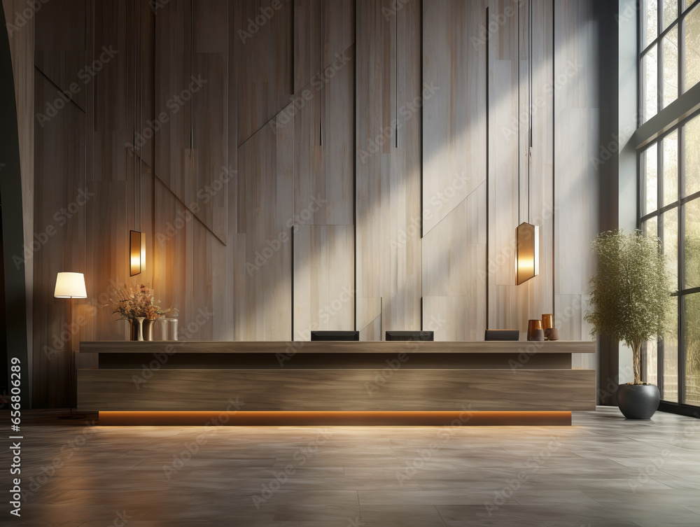 Interior of luxury hotel reception hall with wooden walls, concrete floor and long wooden countertops. Generative AI