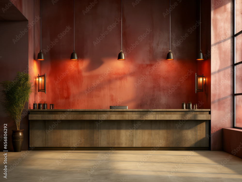 Interior of a modern reception with red walls and wooden countertops. Generative AI