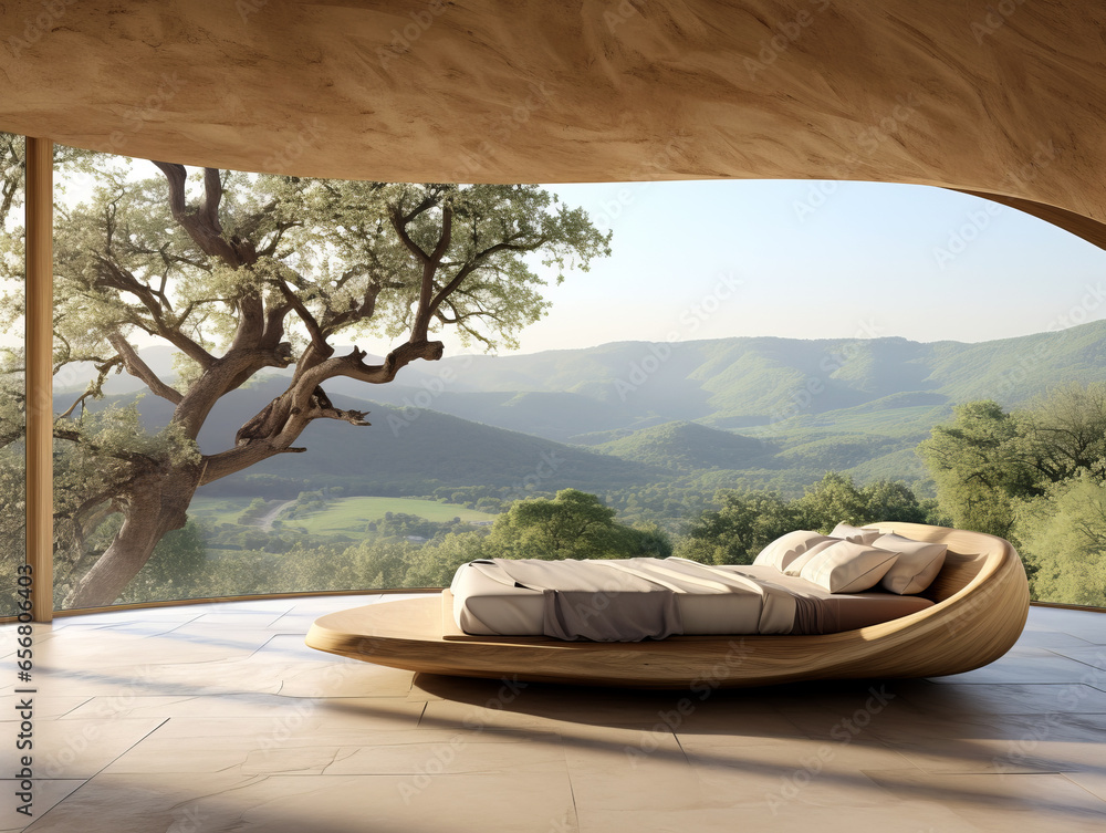 Modern bedroom interior design with panoramic view on countryside. Generative AI