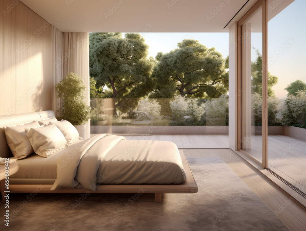 Modern bedroom interior with a large window. Generative AI