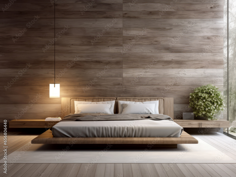 Interior of modern bedroom with wooden walls, wooden floor and comfortable king size bed. Generative AI