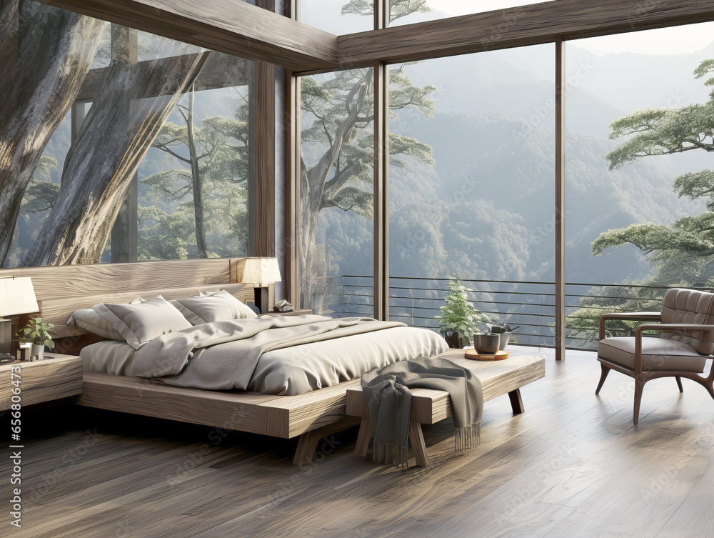 Interior of modern bedroom with wooden floor, panoramic window and mountain view. Generative AI