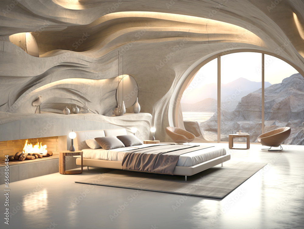 Modern bedroom with a beautiful view. Generative AI