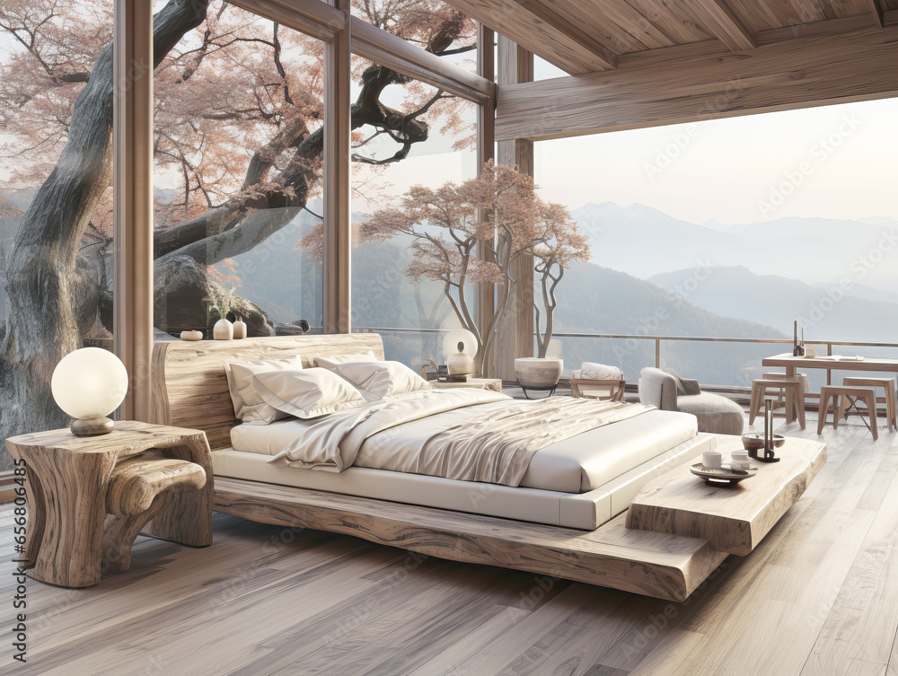 Modern bedroom interior with a beautiful mountain view. Generative AI