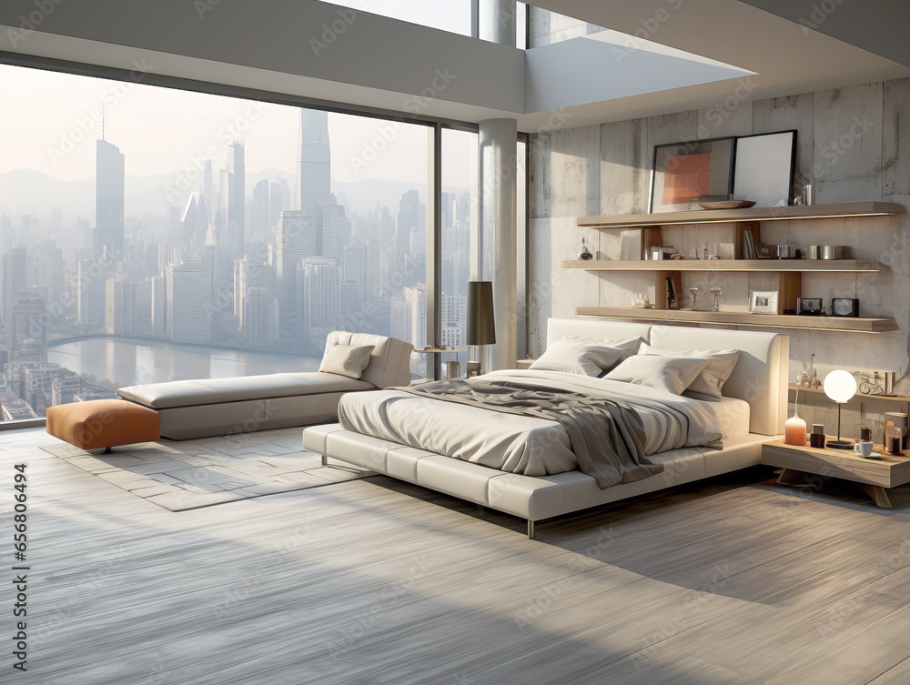 Luxury bedroom interior with panoramic city view. Generative AI