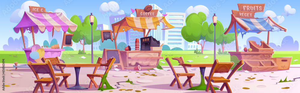 Destroyed street food market in abandoned city park. Vector cartoon illustration of damaged ice cream kiosk, vegetable stall, coffee shop against cityscape background, hurricane or storm aftermath