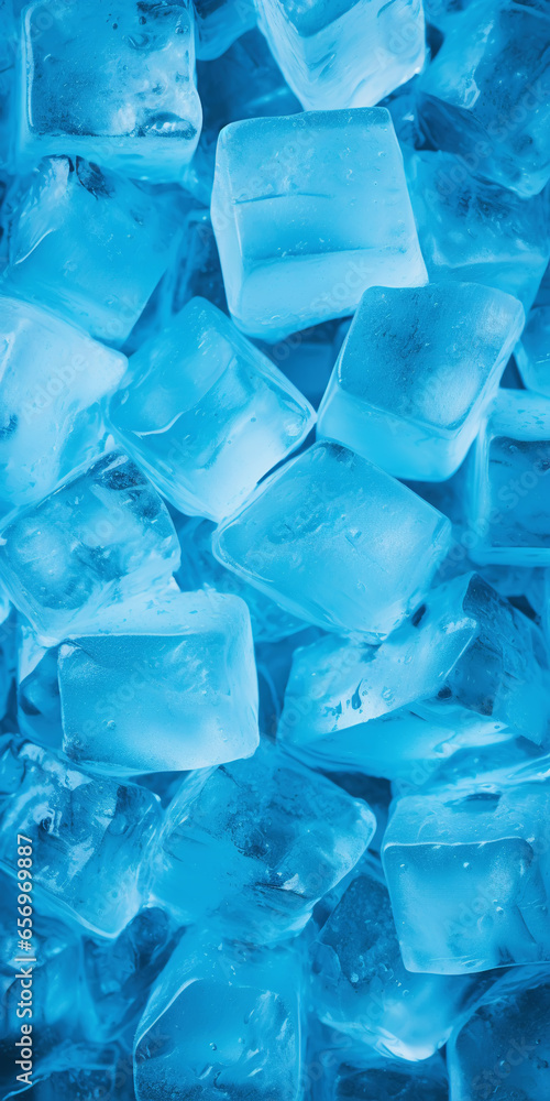 Ice cubes bluish background. Frozen water. Cold fresh concept. Generative AI