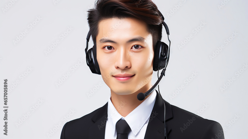 Male customer service representative in headset consulting clients online. Call center agent. Generative AI