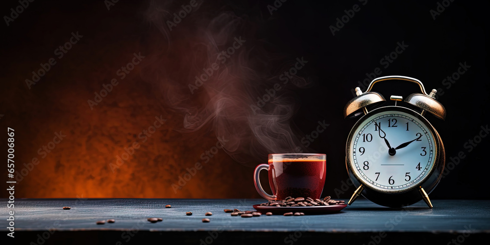 Vintage alarm clock and cup of coffee on the uniform dark backdrop with a copy space. Generative AI