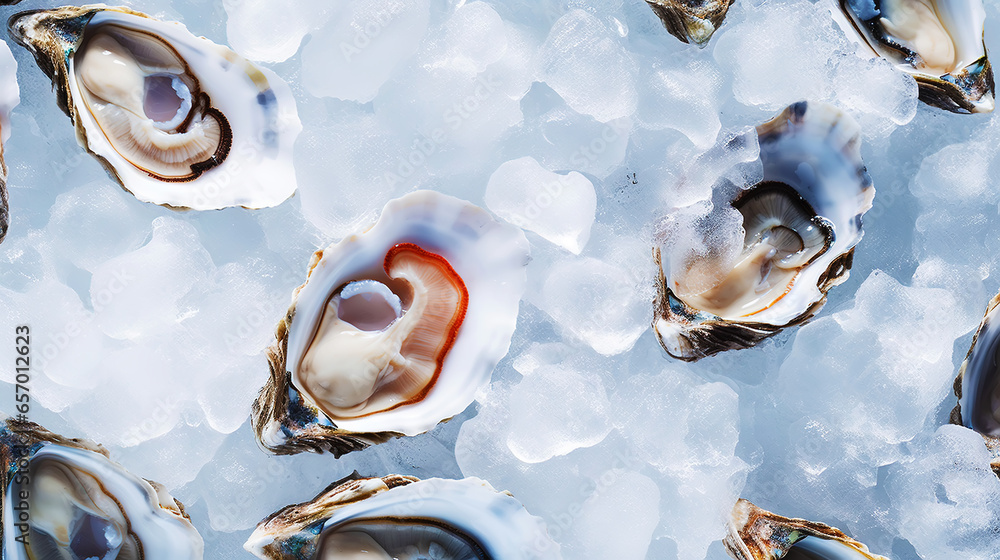 Top view on fresh oysters laying on crushed ice. Seafood background. Generative AI