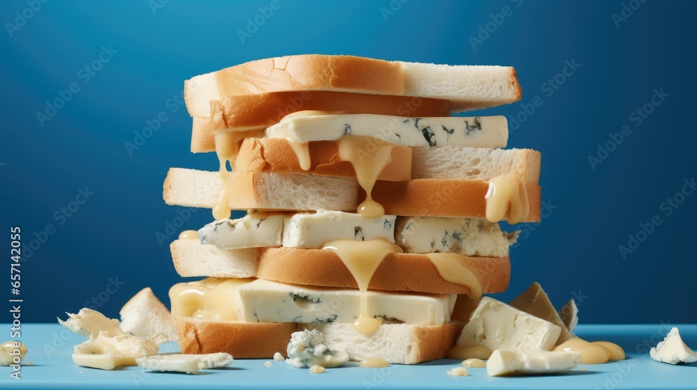 A composition of cheese sandwiches on a blue backdrop.