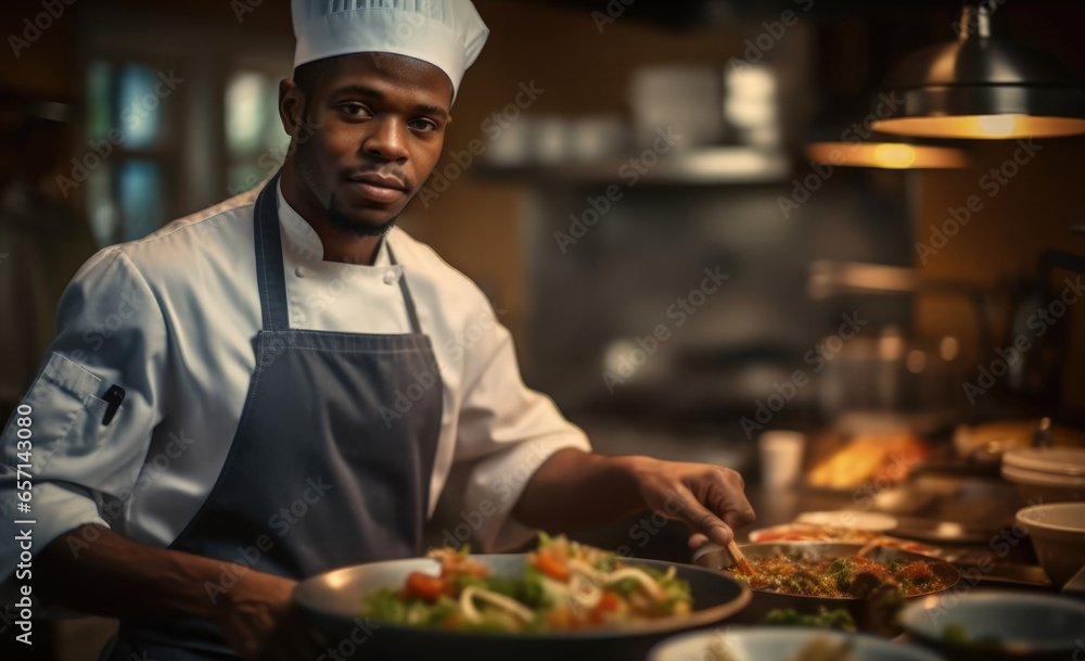 African chef in uniform cooking in a kitchen, 5 star Michelin recipe.