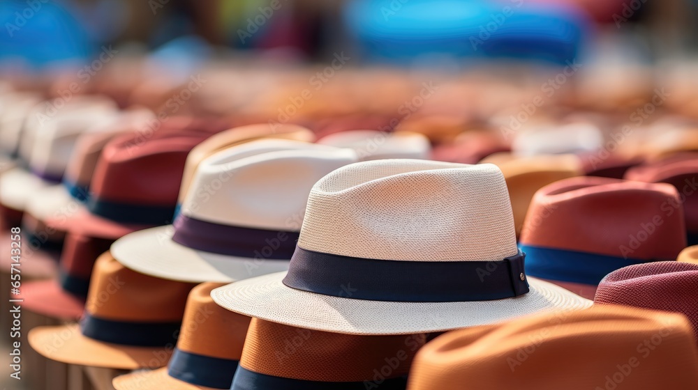 Many Panama Hats traditional at outdoor market.