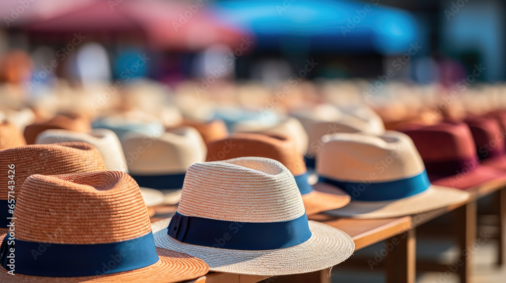 Many Panama Hats traditional at outdoor market.