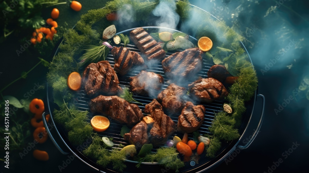 Close up of BBQ grill and rosemary with food smoke.