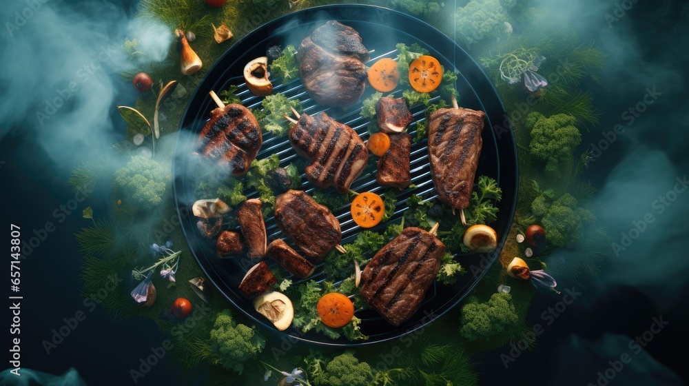 Close up of BBQ grill and rosemary with food smoke.