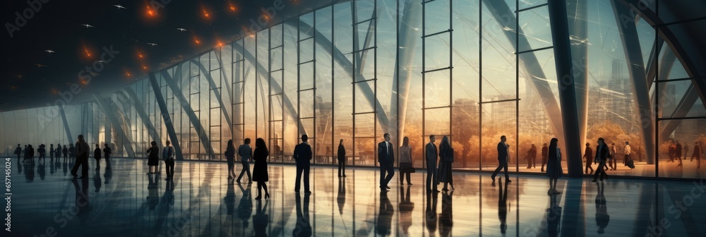 Group of businesspeople walking in a modern hall during a conference.