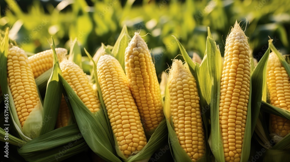 Fresh Corn cobs in a field.