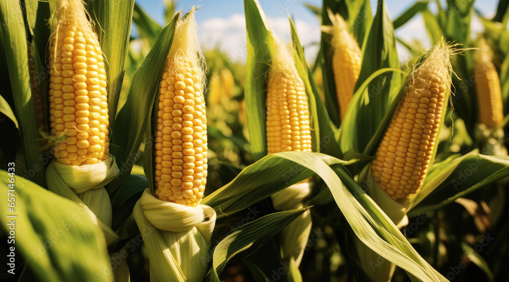 Fresh Corn cobs in a field.